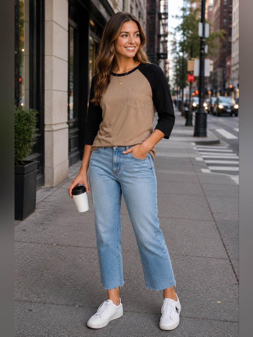 Cato tan and black baseball tee with pocket